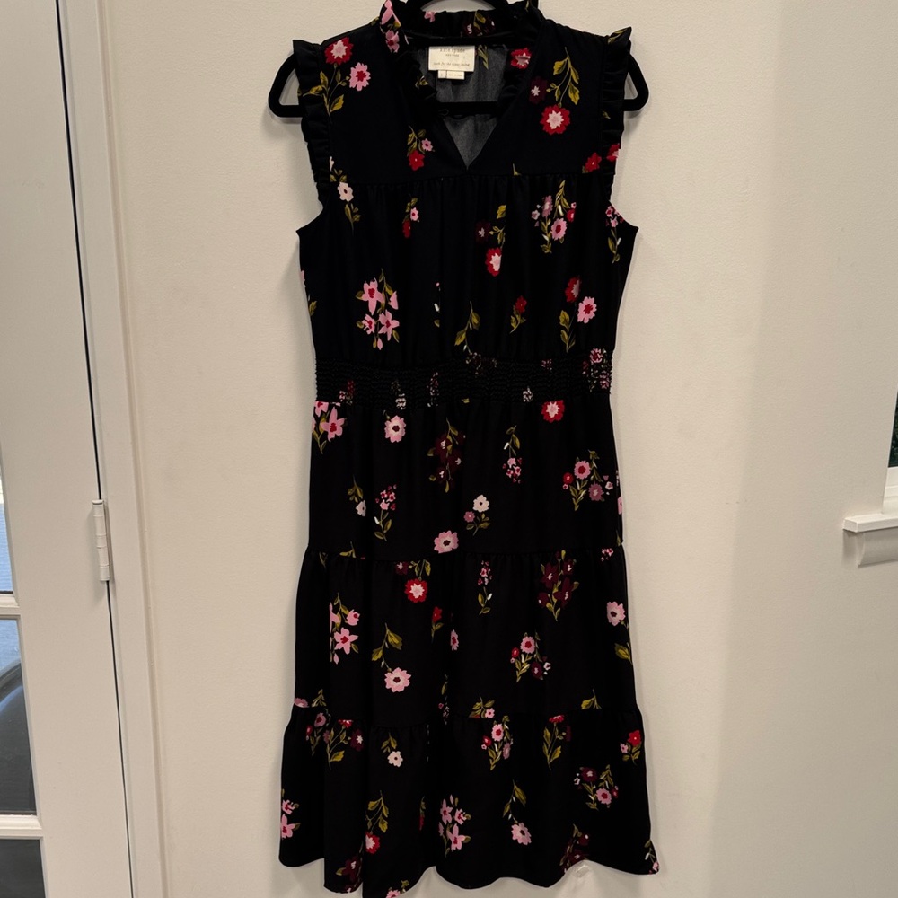 Kate Spade Black Midi Dress with Pink Floral Pattern